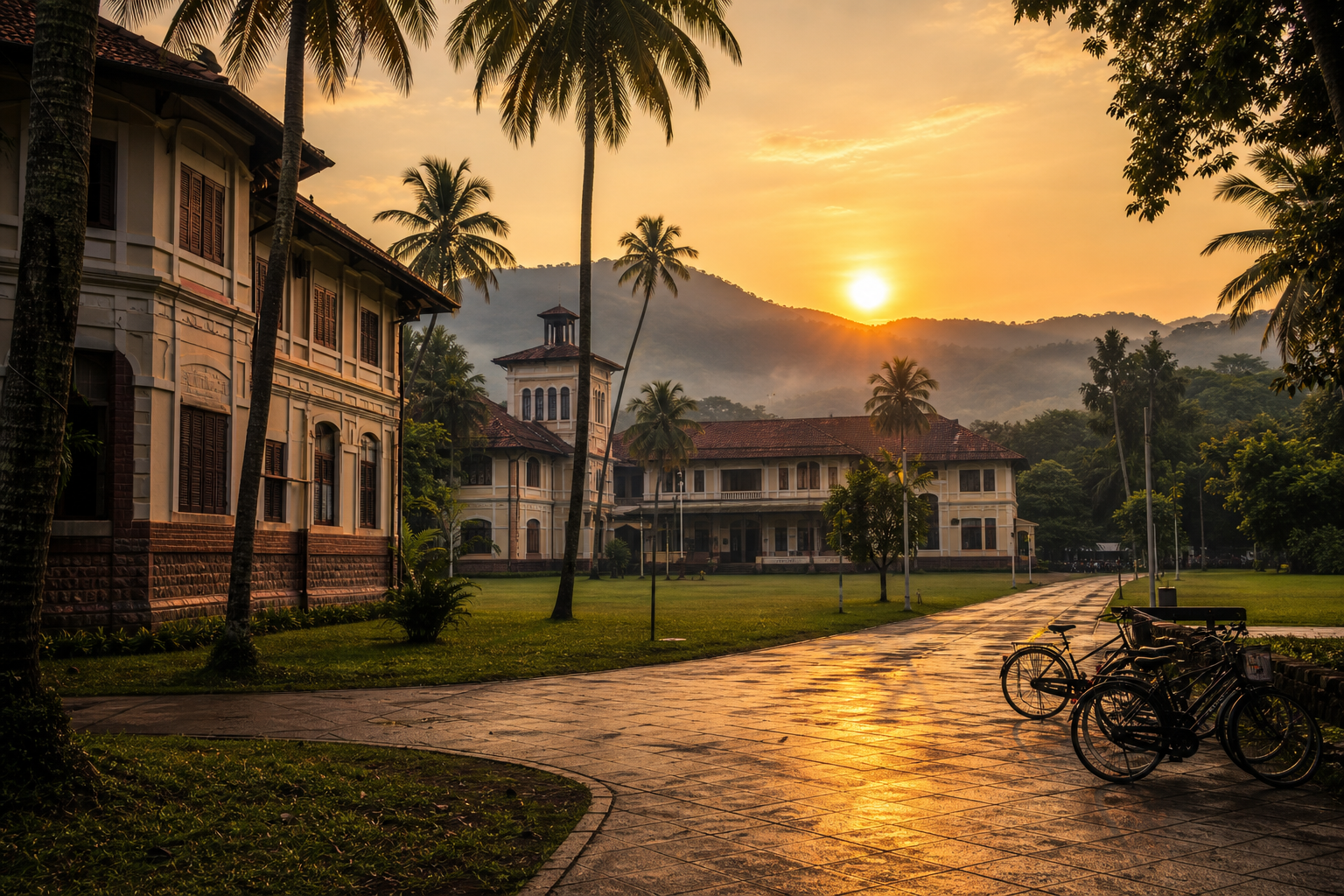 A medical college campus in Kerala at sunrise