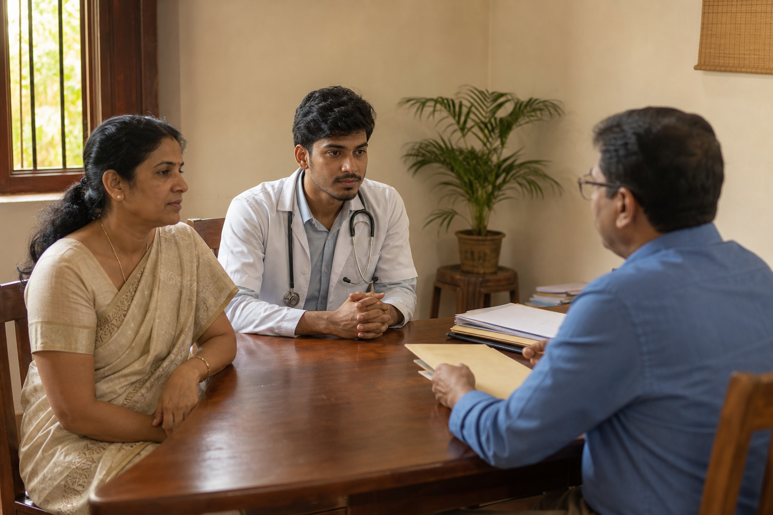 A parent and a medical student meeting an association coordinator